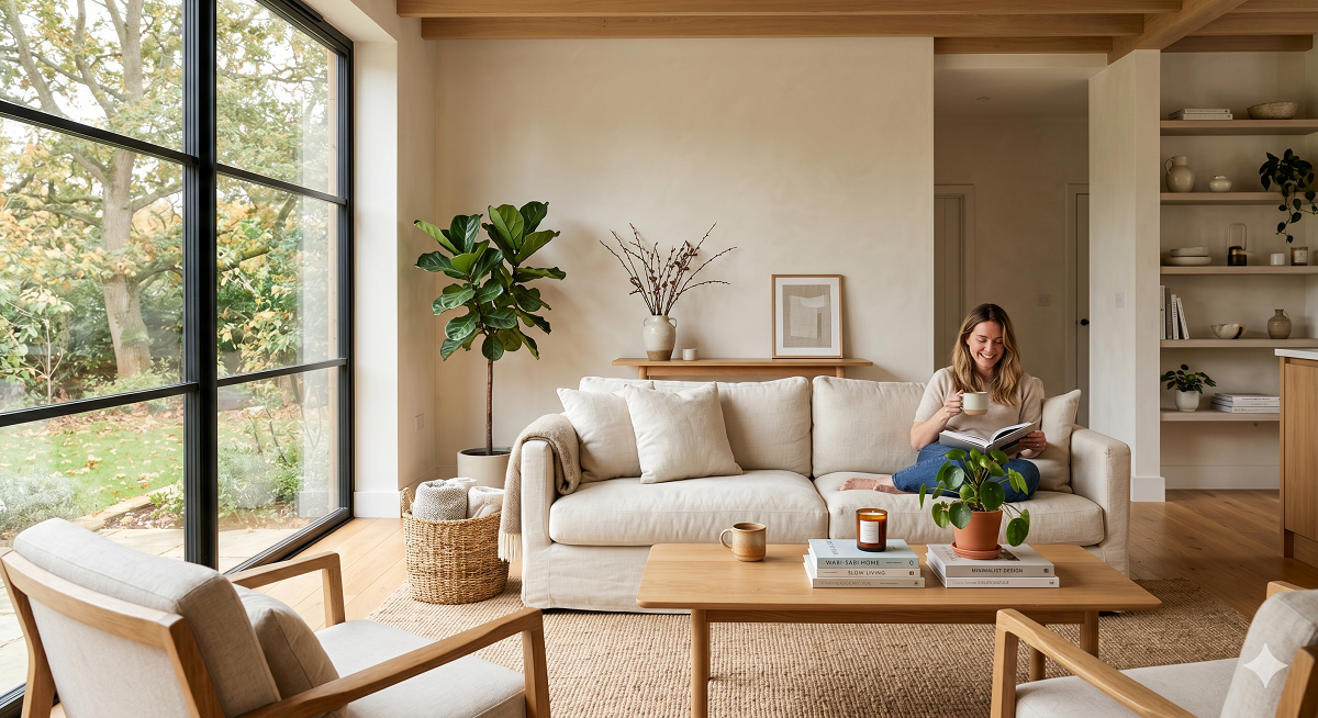 woman reading in a warm minimalist living room